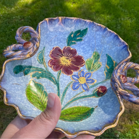 Vintage Glazed Terra-Cotta Hand painted Floral Scalloped Edge Catch-All Dish - Picture 3 of 7